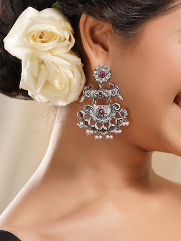 Rubans Oxidised Silver Plated Brass Ruby Red Pearl Chandbali Earrings