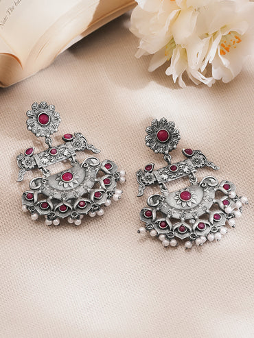 Rubans Oxidised Silver Plated Brass Ruby Red Pearl Chandbali Earrings