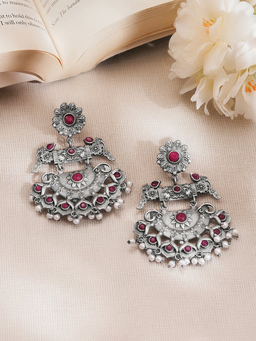 Rubans Oxidised Silver Plated Brass Ruby Red Pearl Chandbali Earrings