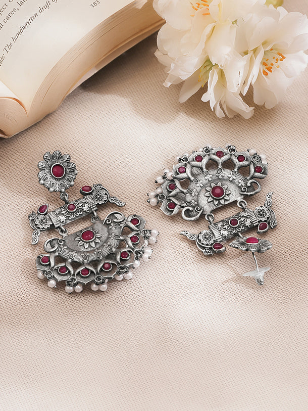 Rubans Oxidised Silver Plated Brass Ruby Red Pearl Chandbali Earrings