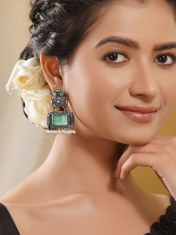 Rubans Oxidised Silver Plated Brass Green Pearl Tribal-Inspired Drop Earrings