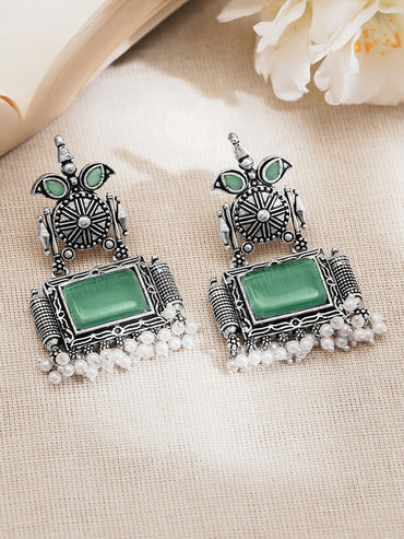 Rubans Oxidised Silver Plated Brass Green Pearl Tribal-Inspired Drop Earrings