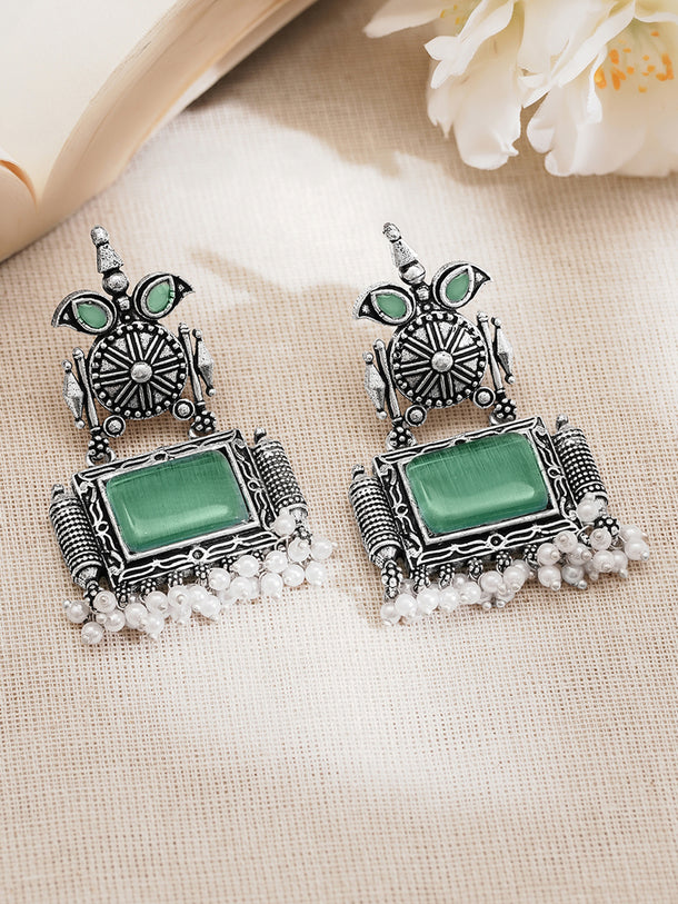 Rubans Oxidised Silver Plated Brass Green Pearl Tribal-Inspired Drop Earrings