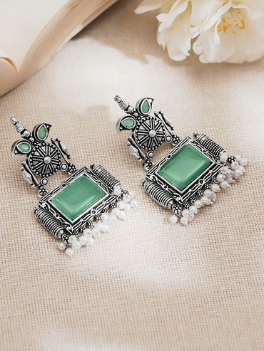 Rubans Oxidised Silver Plated Brass Green Pearl Tribal-Inspired Drop Earrings