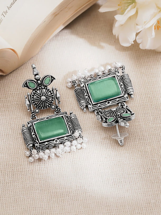 Rubans Oxidised Silver Plated Brass Green Pearl Tribal-Inspired Drop Earrings