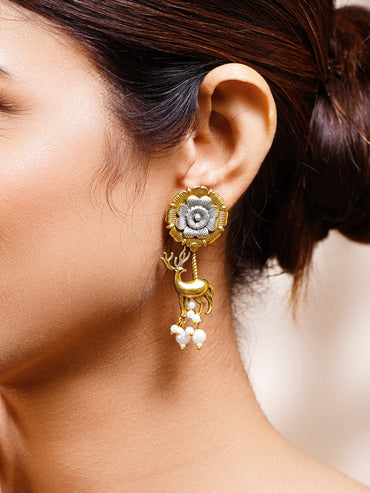 Artisan Dual Tone Deer Charm Drop Earrings