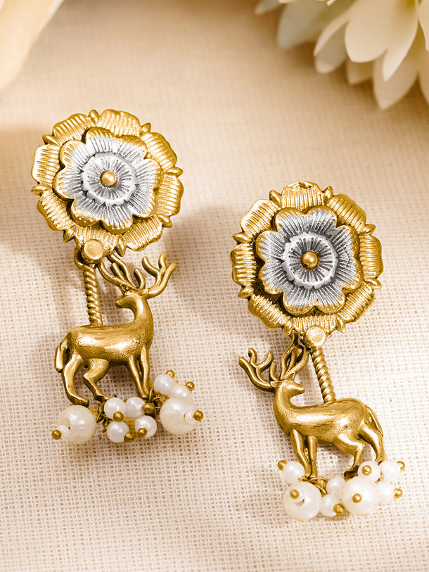 Artisan Dual Tone Deer Charm Drop Earrings