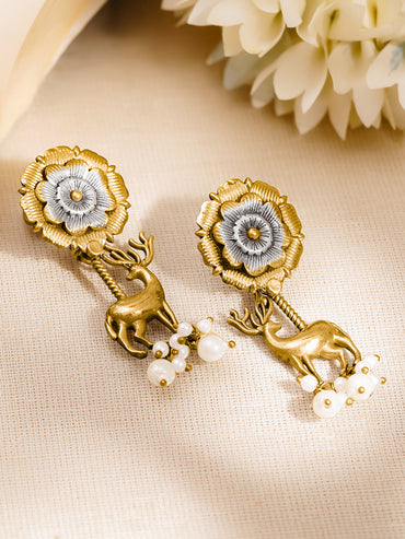 Artisan Dual Tone Deer Charm Drop Earrings