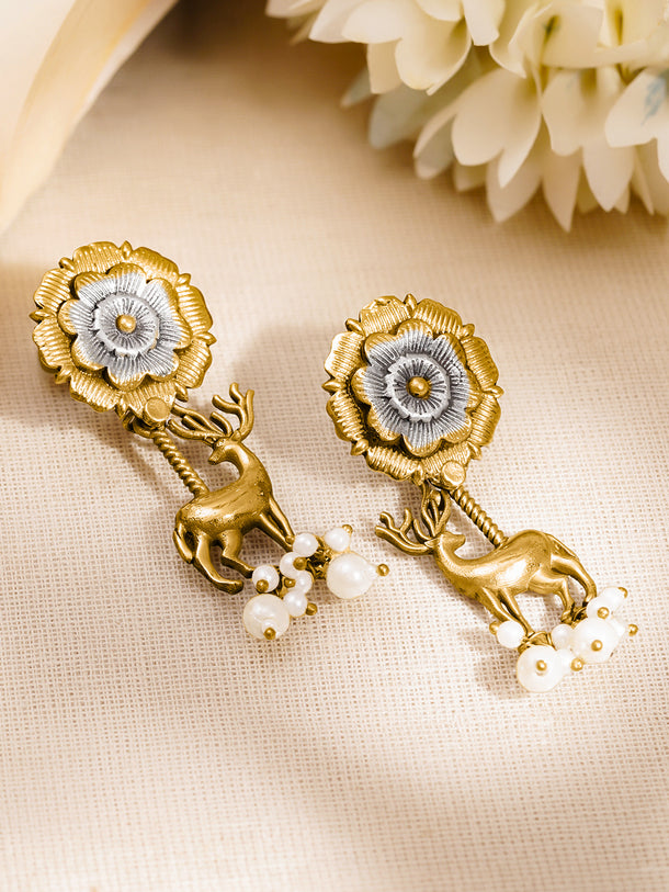 Artisan Dual Tone Deer Charm Drop Earrings