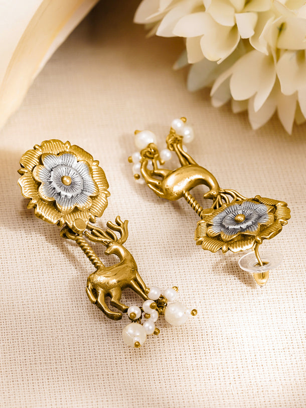 Artisan Dual Tone Deer Charm Drop Earrings