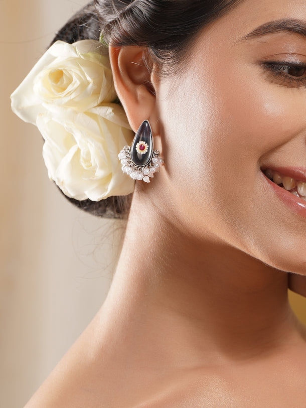 Rubans Oxidised Silver Plated Brass Smoky Blue Cat Eye Pearl Drop Earrings