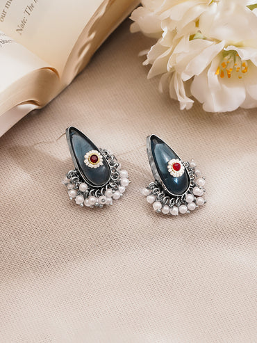 Rubans Oxidised Silver Plated Brass Smoky Blue Cat Eye Pearl Drop Earrings