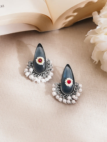 Rubans Oxidised Silver Plated Brass Smoky Blue Cat Eye Pearl Drop Earrings