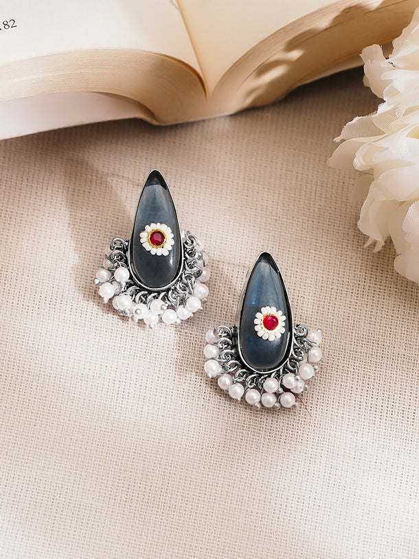 Rubans Oxidised Silver Plated Brass Smoky Blue Cat Eye Pearl Drop Earrings