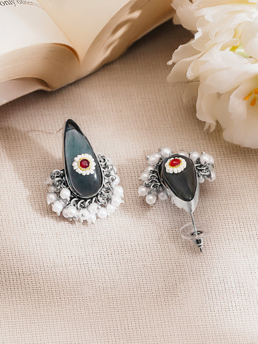 Rubans Oxidised Silver Plated Brass Smoky Blue Cat Eye Pearl Drop Earrings