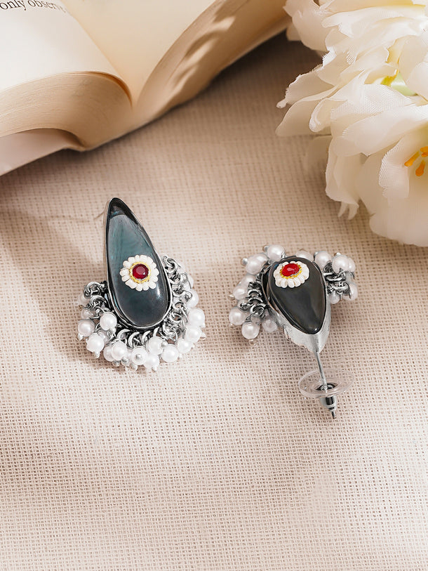 Rubans Oxidised Silver Plated Brass Smoky Blue Cat Eye Pearl Drop Earrings