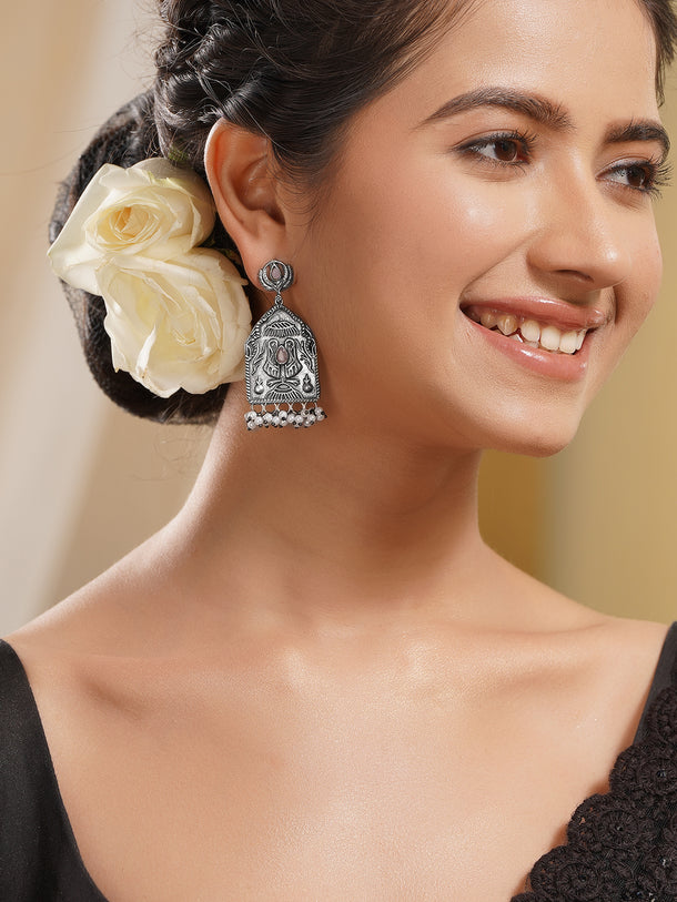 Rubans Oxidised Silver Plated Brass Floral Motif Pearl Drop Earrings