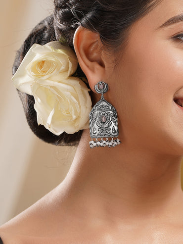 Rubans Oxidised Silver Plated Brass Floral Motif Pearl Drop Earrings