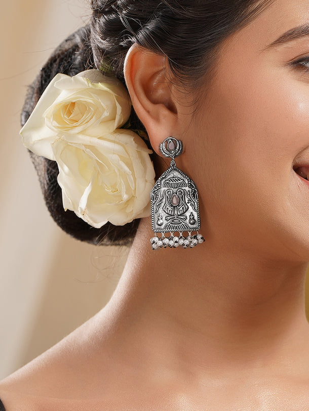 Rubans Oxidised Silver Plated Brass Floral Motif Pearl Drop Earrings