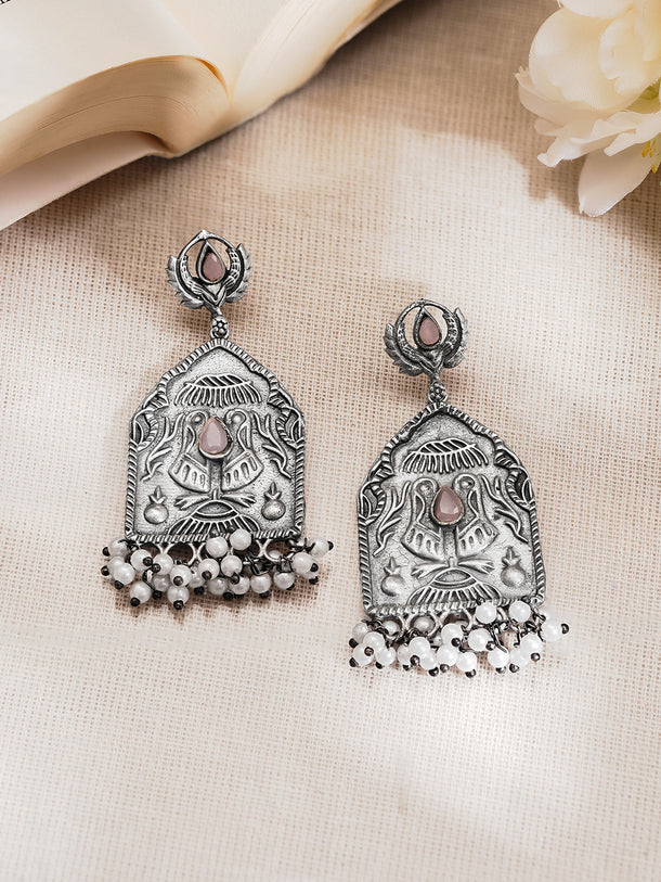 Rubans Oxidised Silver Plated Brass Floral Motif Pearl Drop Earrings