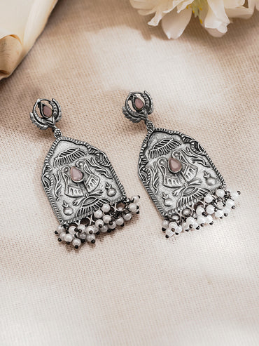 Rubans Oxidised Silver Plated Brass Floral Motif Pearl Drop Earrings