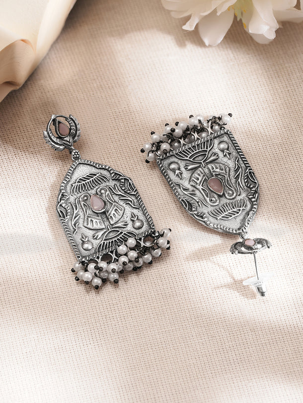 Rubans Oxidised Silver Plated Brass Floral Motif Pearl Drop Earrings