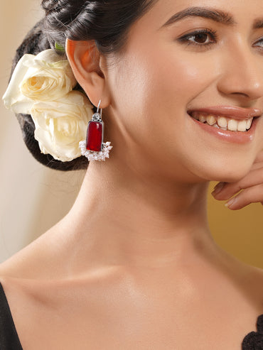 Rubans Oxidised Silver Plated Brass Ruby Red Rectangular Pearl Drop Earrings