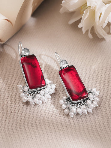 Rubans Oxidised Silver Plated Brass Ruby Red Rectangular Pearl Drop Earrings