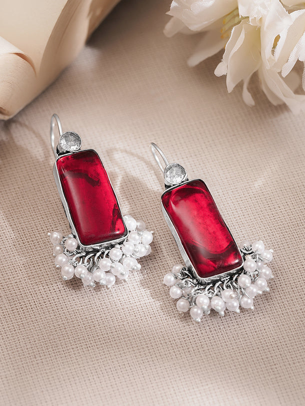 Rubans Oxidised Silver Plated Brass Ruby Red Rectangular Pearl Drop Earrings
