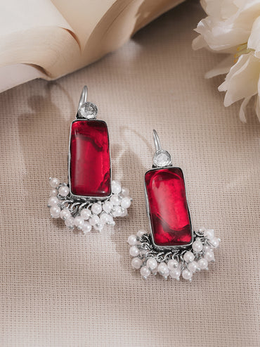 Rubans Oxidised Silver Plated Brass Ruby Red Rectangular Pearl Drop Earrings