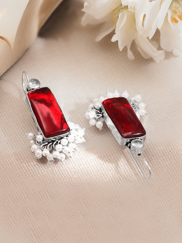 Rubans Oxidised Silver Plated Brass Ruby Red Rectangular Pearl Drop Earrings