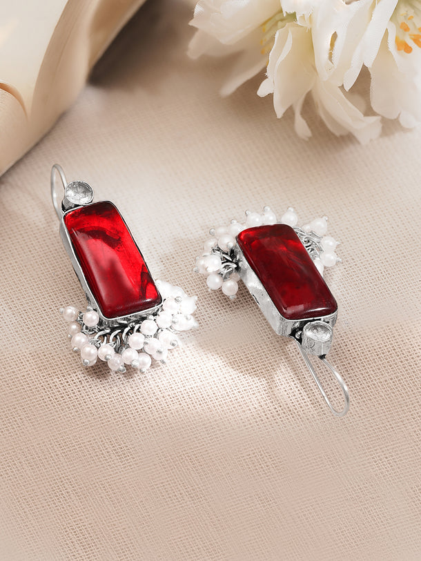 Rubans Oxidised Silver Plated Brass Ruby Red Rectangular Pearl Drop Earrings