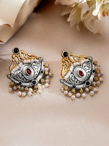 Rubans Women Oxidised Dual Tone Brass Ruby Red Chandbali Earrings with Pearl Drops