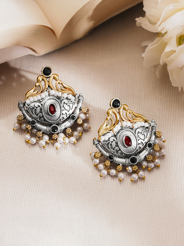 Rubans Women Oxidised Dual Tone Brass Ruby Red Chandbali Earrings with Pearl Drops