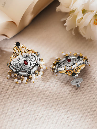 Rubans Women Oxidised Dual Tone Brass Ruby Red Chandbali Earrings with Pearl Drops