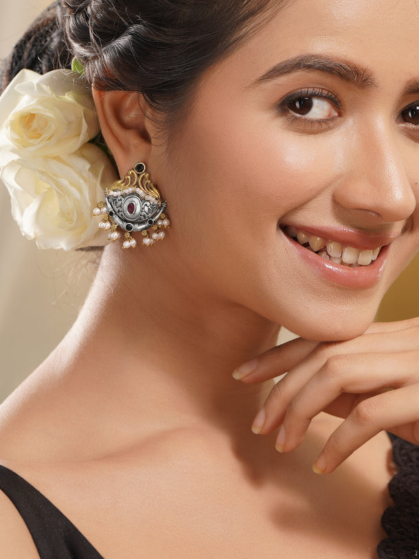 Rubans Women Oxidised Dual Tone Brass Ruby Red Chandbali Earrings with Pearl Drops