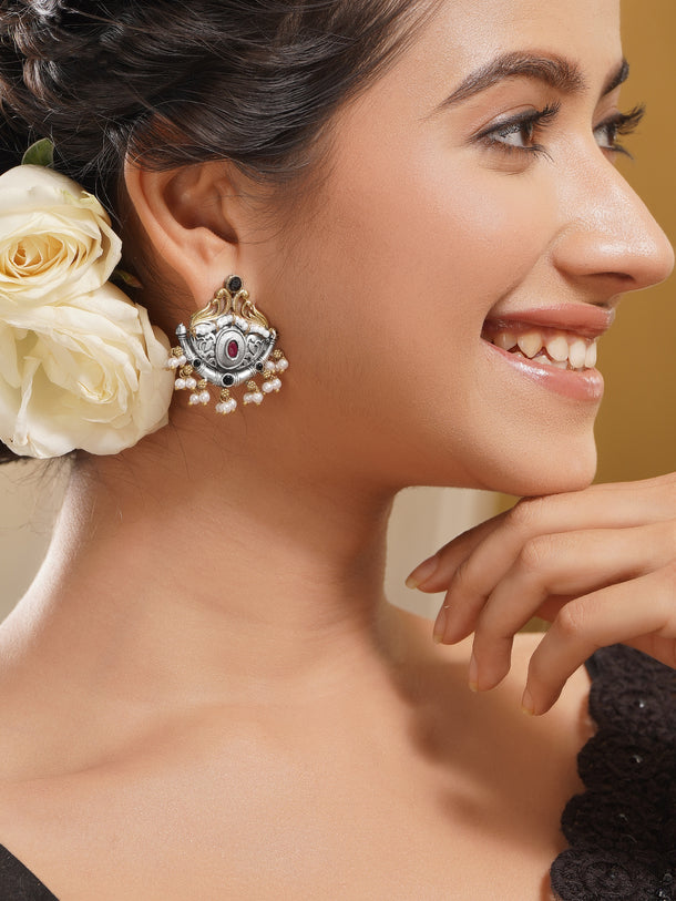 Rubans Women Oxidised Dual Tone Brass Ruby Red Chandbali Earrings with Pearl Drops