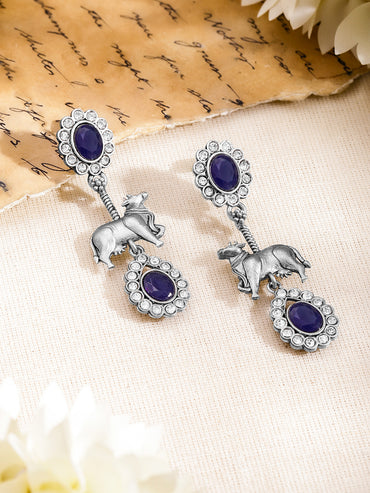 Oxidised Blue Sapphire Elephant Drop Earrings