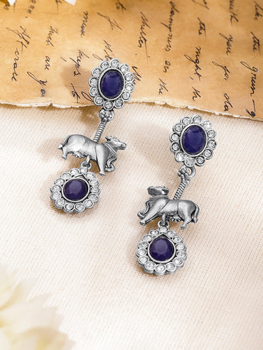Oxidised Blue Sapphire Elephant Drop Earrings