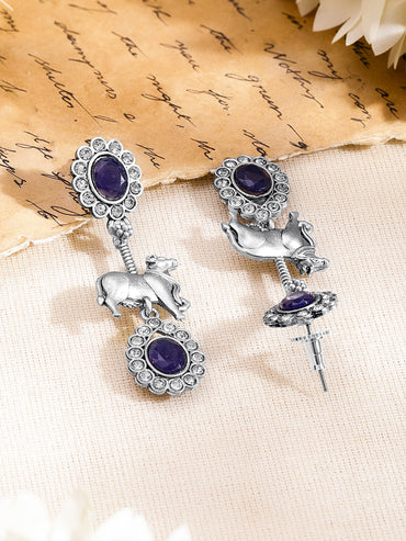 Oxidised Blue Sapphire Elephant Drop Earrings