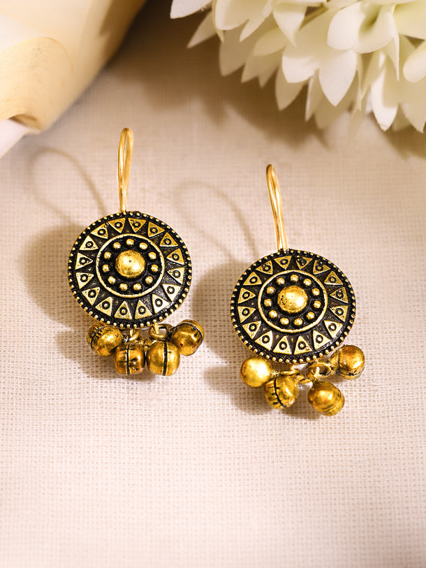Oxidised Tribal Sunburst Gold Ghungroo Earrings