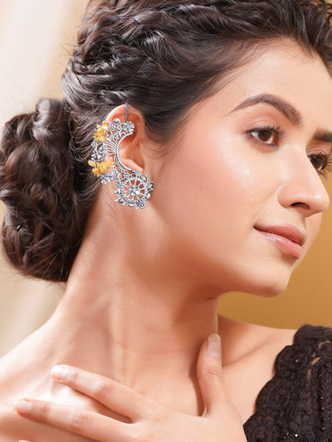 Oxidised Silver Tone Brass Gold Bird Motif Statement Ear Cuff Jewellery