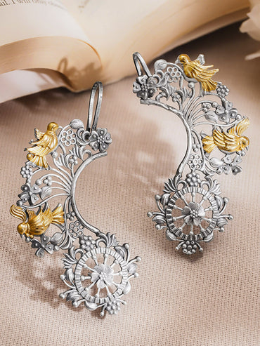 Oxidised Silver Tone Brass Gold Bird Motif Statement Ear Cuff Jewellery