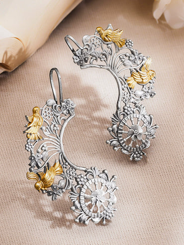 Oxidised Silver Tone Brass Gold Bird Motif Statement Ear Cuff Jewellery