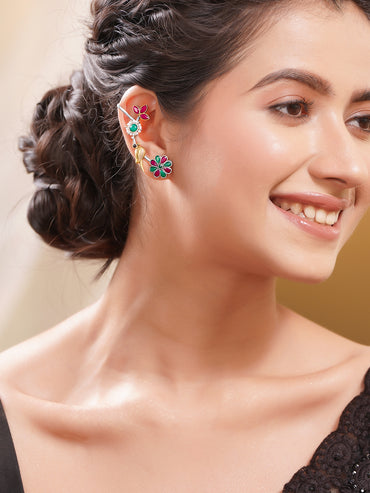 Women Oxidised Silver Tone Brass Multicolour Glass Kundan Pearl Ear Cuffs