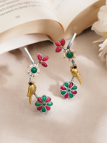 Women Oxidised Silver Tone Brass Multicolour Glass Kundan Pearl Ear Cuffs