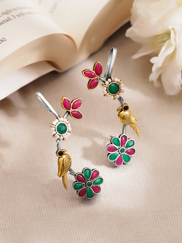 Women Oxidised Silver Tone Brass Multicolour Glass Kundan Pearl Ear Cuffs