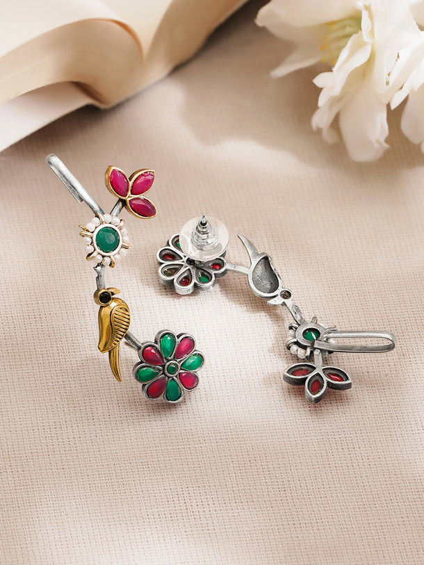 Women Oxidised Silver Tone Brass Multicolour Glass Kundan Pearl Ear Cuffs