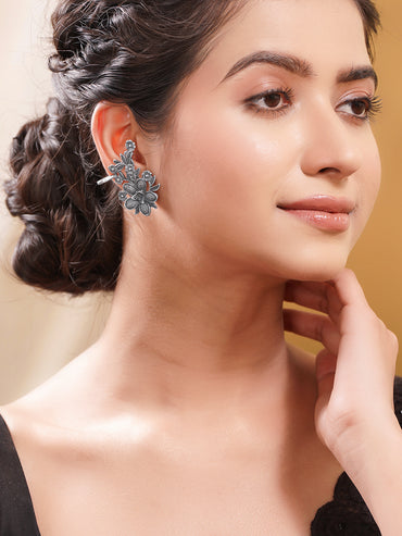 Oxidised Silver Tone Brass Floral Vine Stud Ear Cuff Earrings