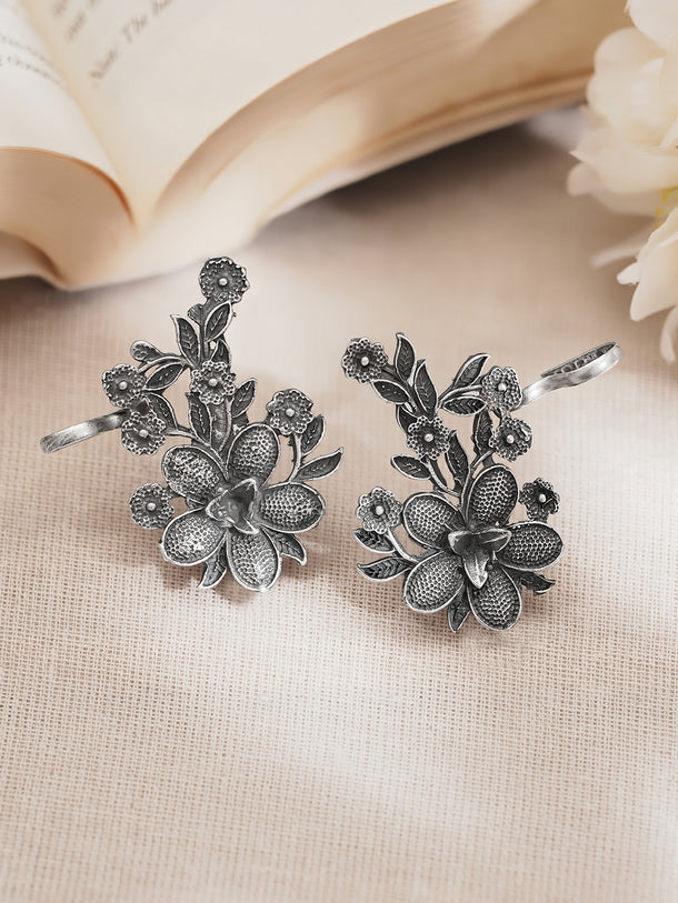 Oxidised Silver Tone Brass Floral Vine Stud Ear Cuff Earrings